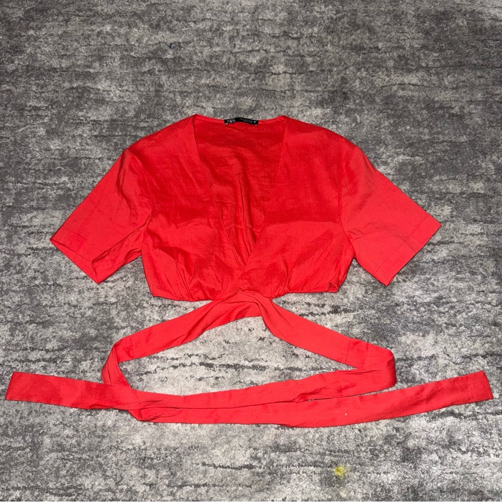 Zara top Crop Women waist tie linen shirt blouse S